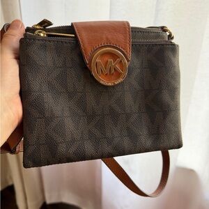 Michael Kors Brown and Tan Logo Crossbody